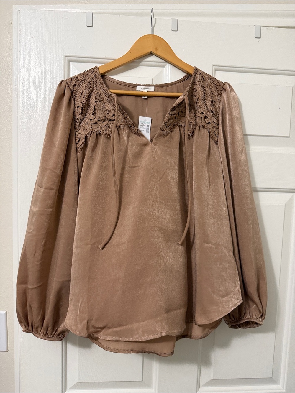 MAIRICES Woven Blouson Sleeve Lace Yoke Top - Taupe SIZE L